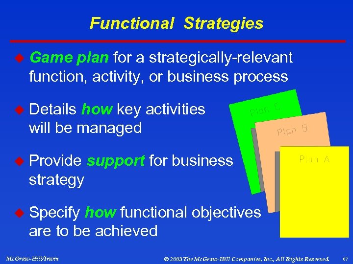 Functional Strategies u Game plan for a strategically-relevant function, activity, or business process u