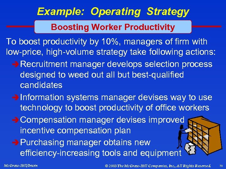 Example: Operating Strategy Boosting Worker Productivity To boost productivity by 10%, managers of firm