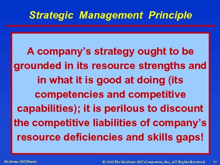Strategic Management Principle A company’s strategy ought to be grounded in its resource strengths