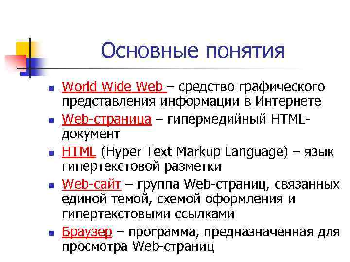 Основные понятия n n n World Wide Web – средство графического представления информации в
