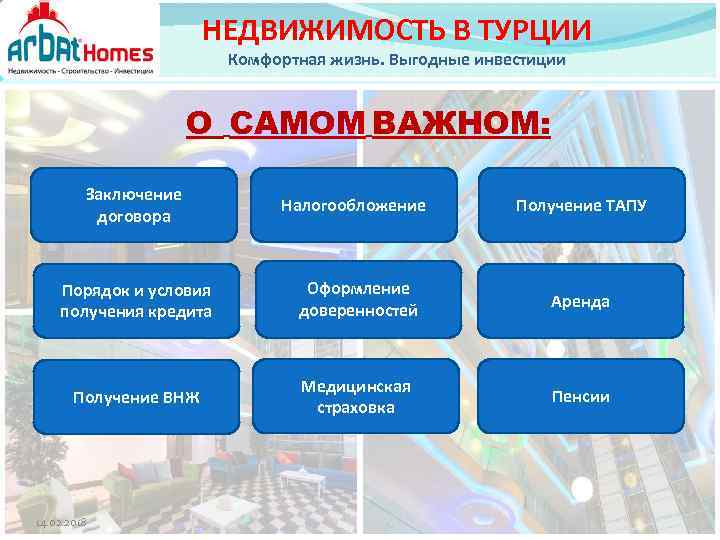 НЕДВИЖИМОСТЬ В ТУРЦИИ Комфортная жизнь. Выгодные инвестиции О САМОМ ВАЖНОМ: Заключение договора Налогообложение Получение