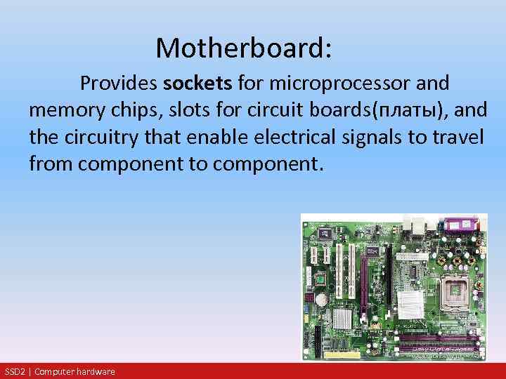 Motherboard: Provides sockets for microprocessor and memory chips, slots for circuit boards(платы), and the