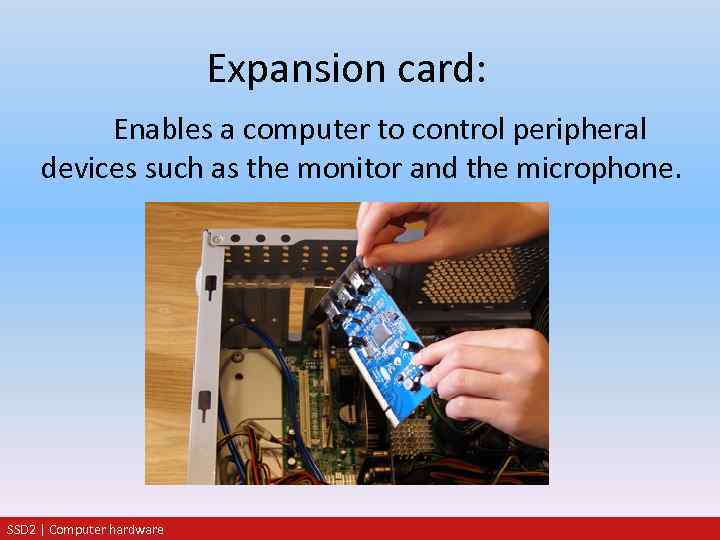 Expansion card: Enables a computer to control peripheral devices such as the monitor and