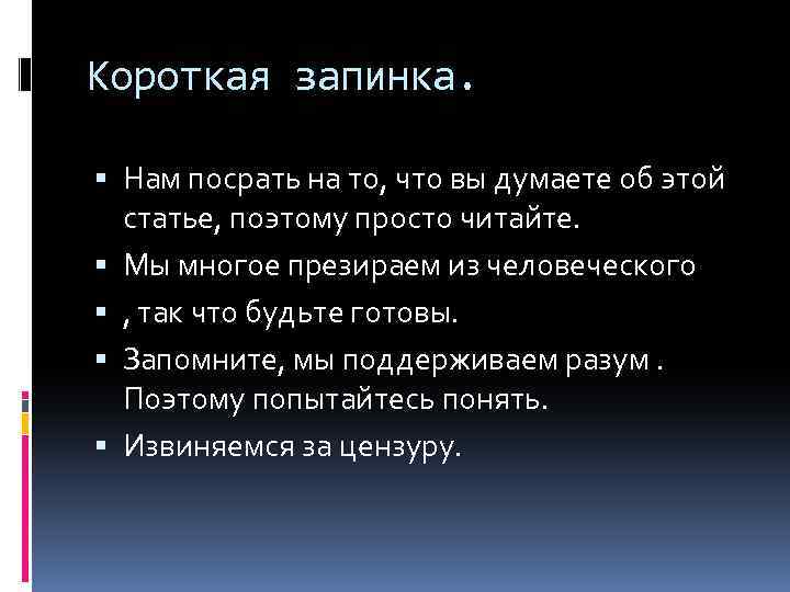 Короткая запинка. Нам посрать на то, что вы думаете об этой статье, поэтому просто