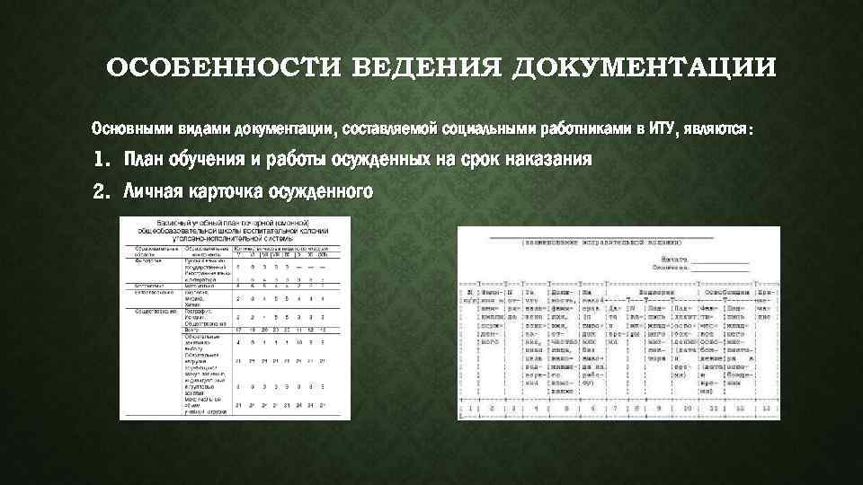 ОСОБЕННОСТИ ВЕДЕНИЯ ДОКУМЕНТАЦИИ Основными видами документации, составляемой социальными работниками в ИТУ, являются: 1. План