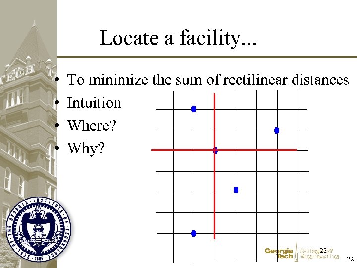 Locate a facility. . . • • To minimize the sum of rectilinear distances