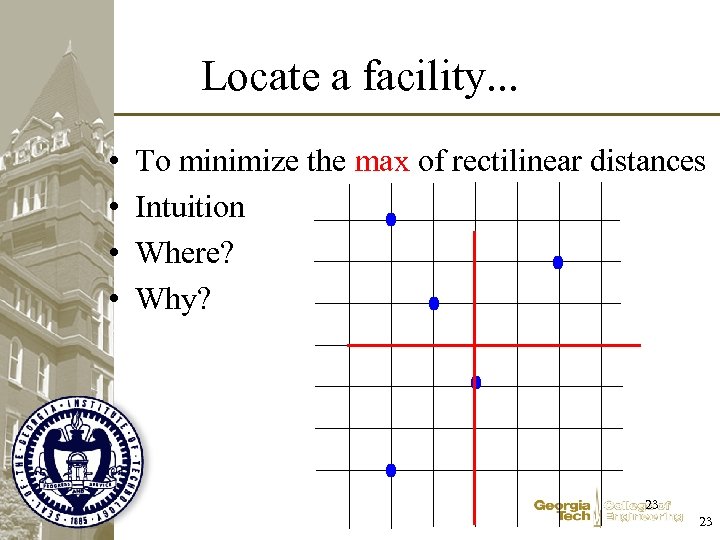 Locate a facility. . . • • To minimize the max of rectilinear distances