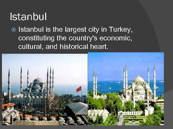 Istanbul is the largest city in Turkey, constituting the country's economic, cultural, and historical