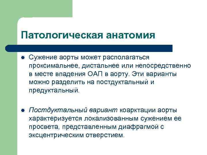 Патологическая анатомия l Сужение аорты может располагаться проксимальнее, дистальнее или непосредственно в месте впадения