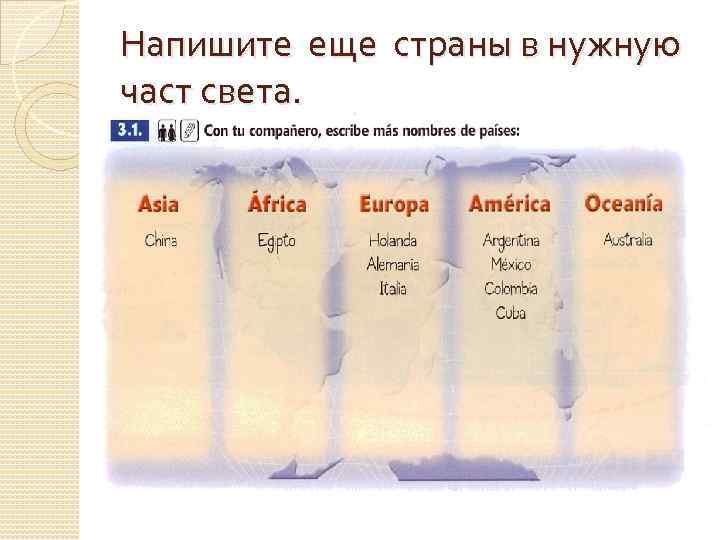 Напишите еще страны в нужную част света. 