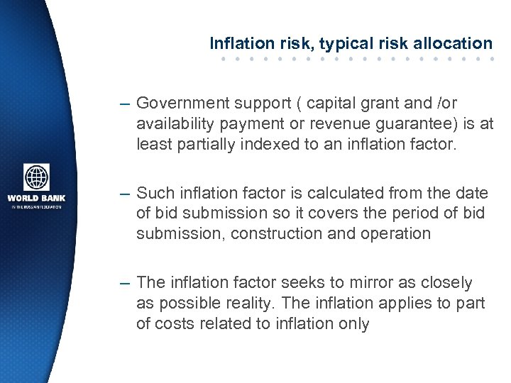 Inflation risk, typical risk allocation – Government support ( capital grant and /or availability