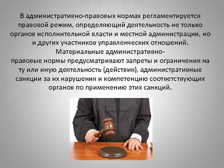 В административно-правовых нормах регламентируется правовой режим, определяющий деятельность не только органов исполнительной власти и