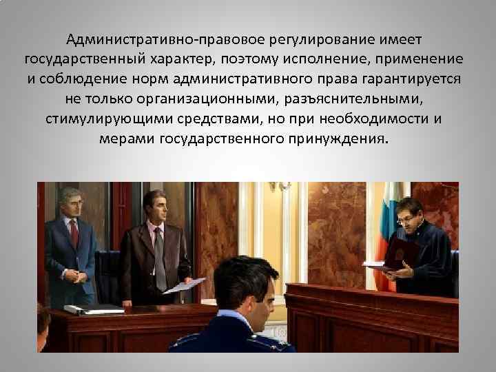 Административно-правовое регулирование имеет государственный характер, поэтому исполнение, применение и соблюдение норм административного права гарантируется