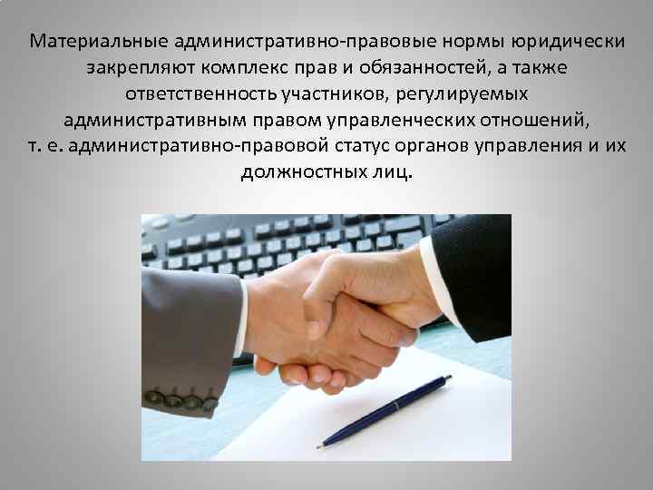 Материальные административно-правовые нормы юридически закрепляют комплекс прав и обязанностей, а также ответственность участников, регулируемых