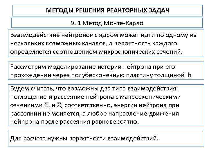 МЕТОДЫ РЕШЕНИЯ РЕАКТОРНЫХ ЗАДАЧ 9. 1 Метод Монте Карло Взаимодействие нейтронов с ядром может
