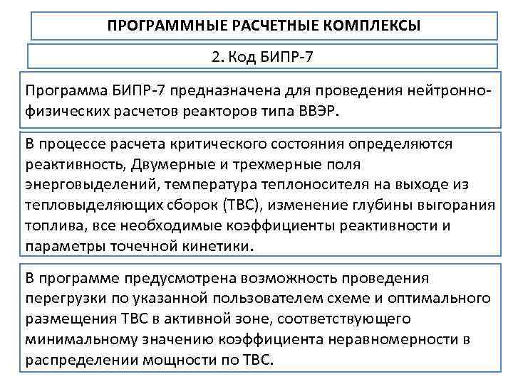 ПРОГРАММНЫЕ РАСЧЕТНЫЕ КОМПЛЕКСЫ 2. Код БИПР 7 Программа БИПР 7 предназначена для проведения нейтронно