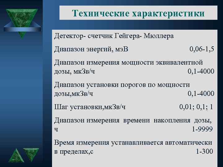 Технические характеристики Детектор- счетчик Гейгера- Мюллера Диапазон энергий, мэ. В 0, 06 -1, 5