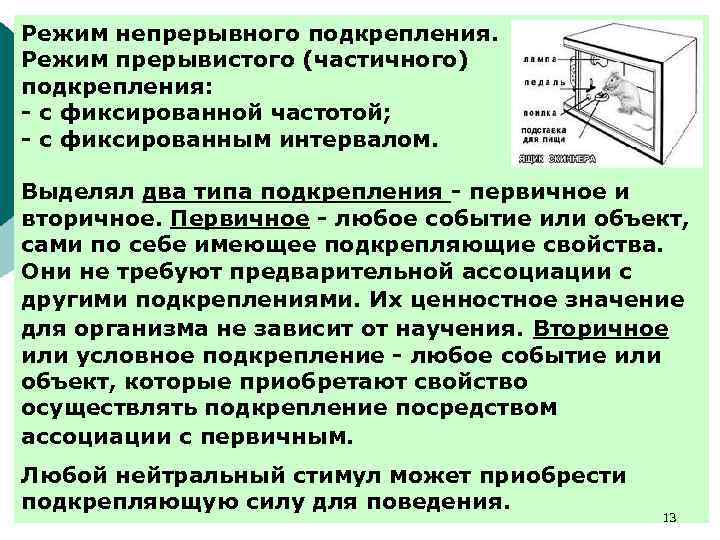 Режим непрерывного подкрепления. Режим прерывистого (частичного) подкрепления: - с фиксированной частотой; - с фиксированным
