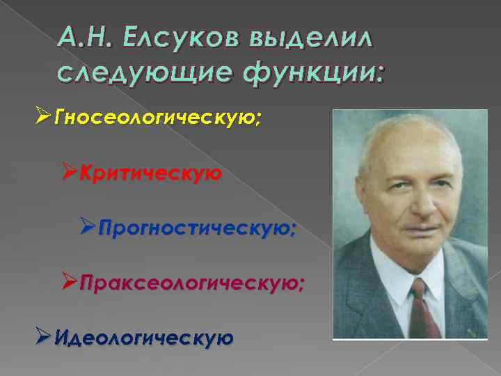 А. Н. Елсуков выделил следующие функции: Ø Гносеологическую; ØКритическую ØПрогностическую; ØПраксеологическую; Ø Идеологическую 