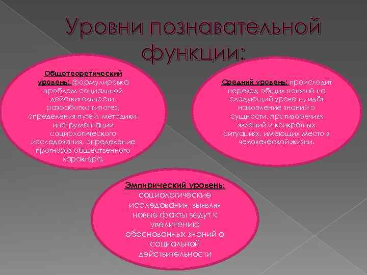 Уровни познавательной функции: Общетеоретический уровень: формулировка проблем социальной действительности, разработка гипотез, определения путей, методики,