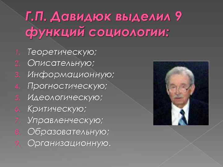 Г. П. Давидюк выделил 9 функций социологии: 1. 2. 3. 4. 5. 6. 7.