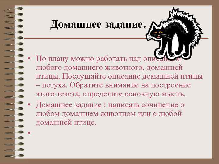 Домашнее задание. • По плану можно работать над описанием любого домашнего животного, домашней птицы.