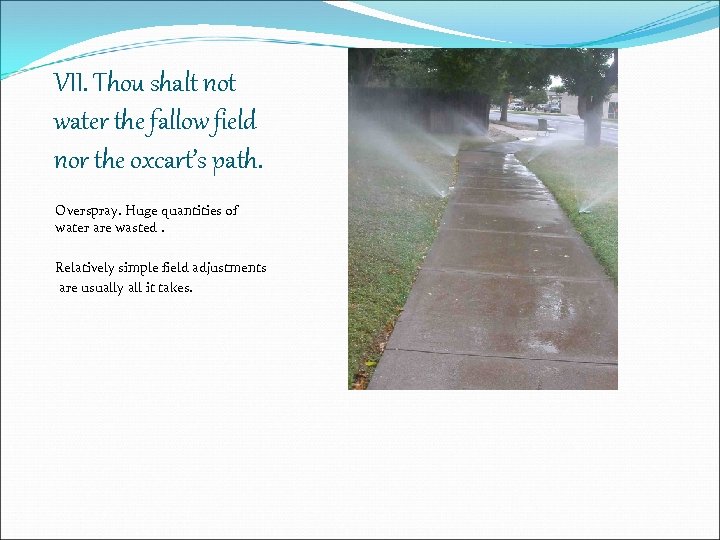 VII. Thou shalt not water the fallow field nor the oxcart’s path. Overspray. Huge