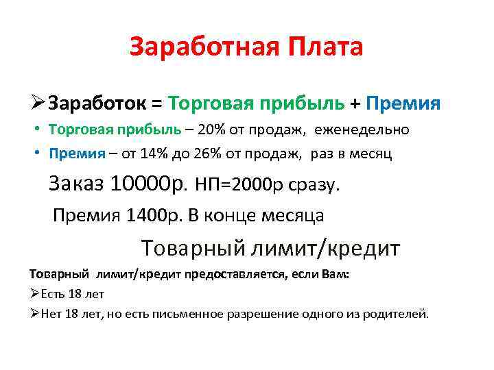 Заработная Плата Ø Заработок = Торговая прибыль + Премия • Торговая прибыль – 20%