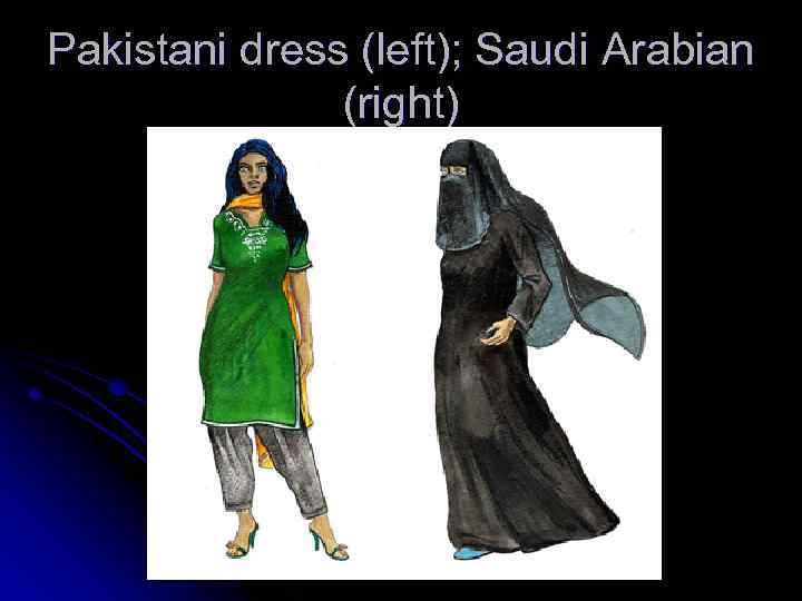 Pakistani dress (left); Saudi Arabian (right) 