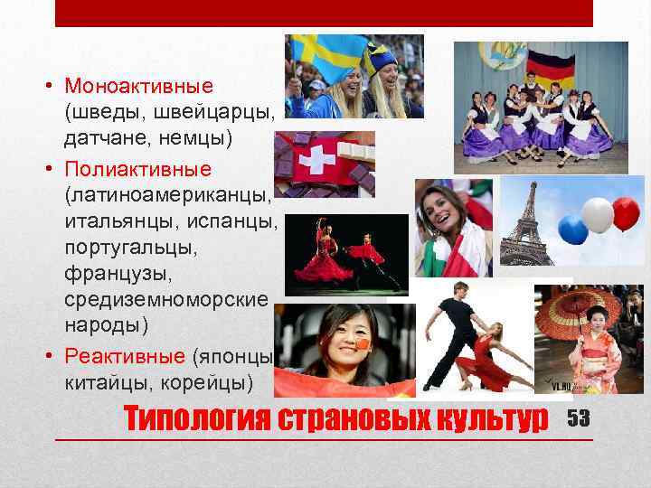  • Моноактивные (шведы, швейцарцы, датчане, немцы) • Полиактивные (латиноамериканцы, итальянцы, испанцы, португальцы, французы,