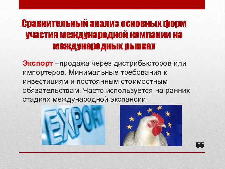 Сравнительный анализ основных форм участия международной компании на международных рынках Экспорт –продажа через дистрибьюторов