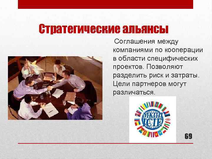 Стратегические альянсы Соглашения между компаниями по кооперации в области специфических проектов. Позволяют разделить риск