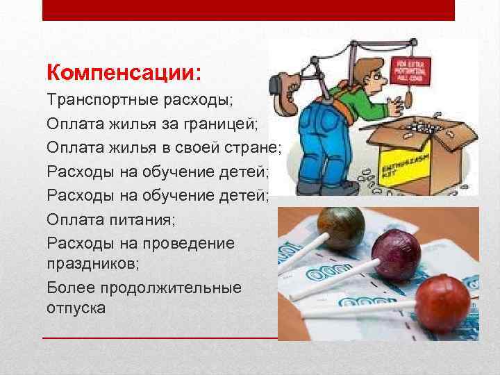Компенсации: Транспортные расходы; Оплата жилья за границей; Оплата жилья в своей стране; Расходы на