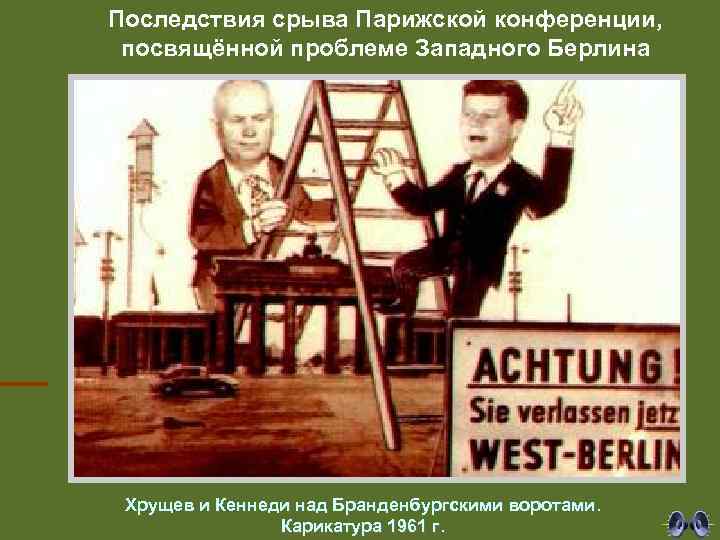 Последствия срыва Парижской конференции, посвящённой проблеме Западного Берлина Хрущев и Кеннеди над Бранденбургскими воротами.