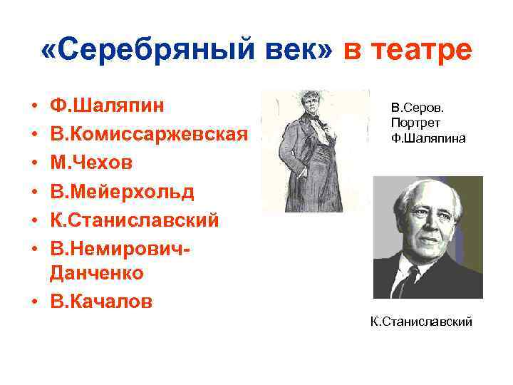  «Серебряный век» в театре • • • Ф. Шаляпин В. Комиссаржевская М. Чехов