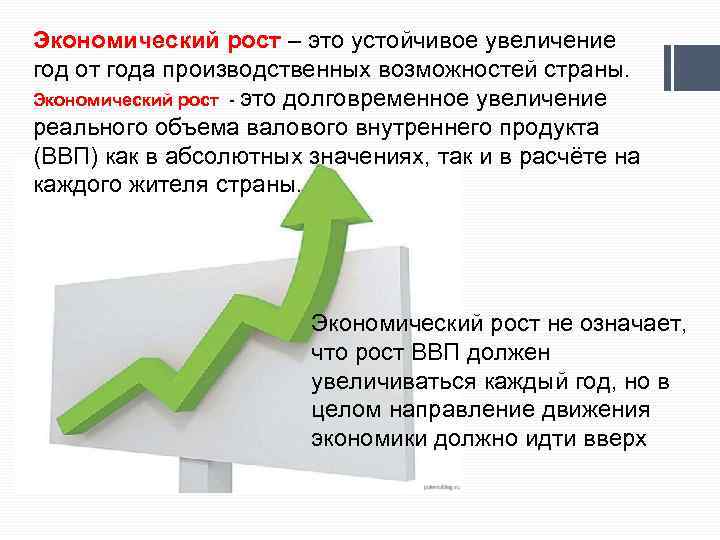 Экономический рост – это устойчивое увеличение год от года производственных возможностей страны. Экономический рост