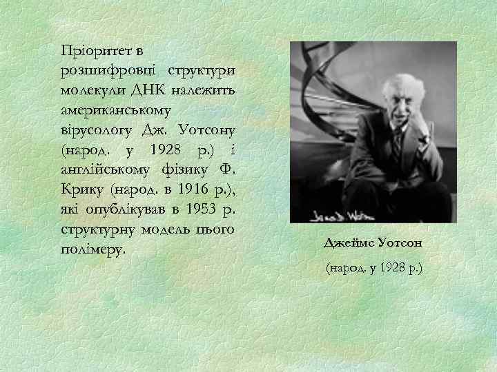 Пріоритет в розшифровці структури молекули ДНК належить американському вірусологу Дж. Уотсону (народ. у 1928