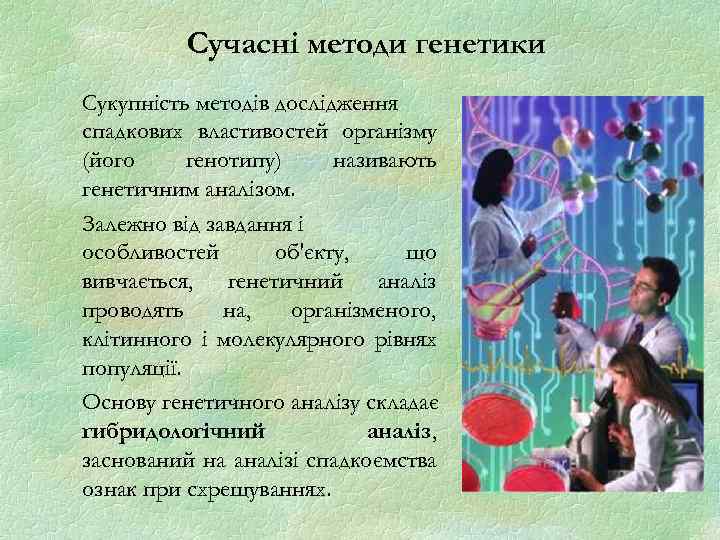 Сучасні методи генетики Сукупність методів дослідження спадкових властивостей організму (його генотипу) називають генетичним аналізом.