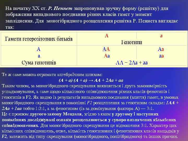 На початку XX ст. Р. Пеннет запропонував зручну форму (решітку) для зображення випадкового поєднання