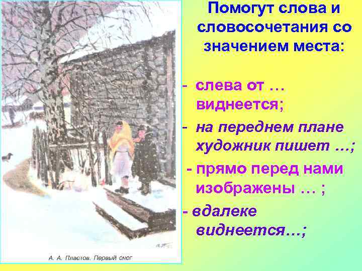 Помогут слова и словосочетания со значением места: - слева от … виднеется; - на