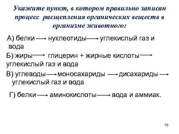 Укажите пункт, в котором правильно записан процесс расщепления органических веществ в организме животного: А)