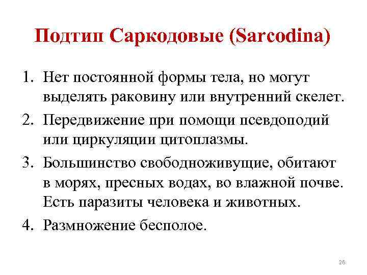 Подтип Саркодовые (Sarcodina) 1. Нет постоянной формы тела, но могут выделять раковину или внутренний
