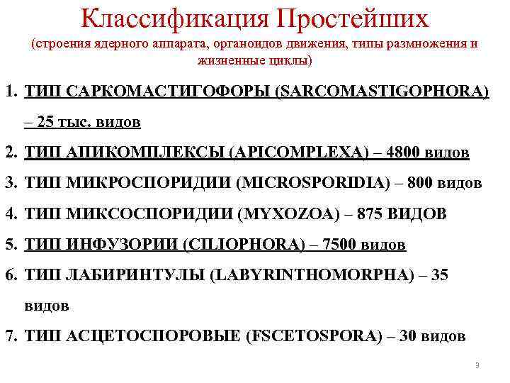 Классификация Простейших (строения ядерного аппарата, органоидов движения, типы размножения и жизненные циклы) 1. ТИП