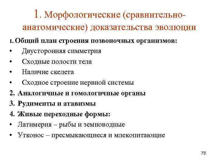 1. Морфологические (сравнительноанатомические) доказательства эволюции 1. Общий • • 2. 3. 4. • •