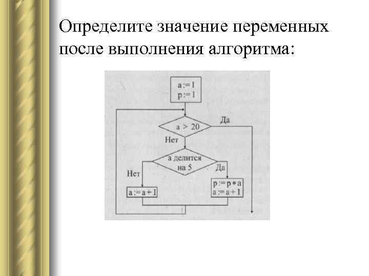 Определите значение переменных после выполнения алгоритма: 