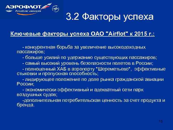 3. 2 Факторы успеха Ключевые факторы успеха ОАО "Аirflot" к 2015 г. : -