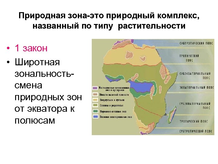 Природная зона-это природный комплекс, названный по типу растительности • 1 закон • Широтная зональностьсмена