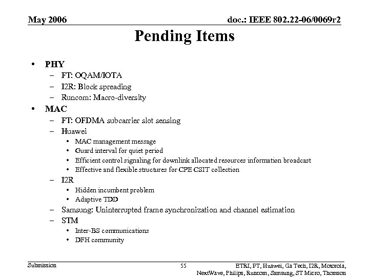 May 2006 doc. : IEEE 802. 22 -06/0069 r 2 Pending Items • PHY