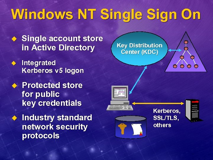 Windows NT Single Sign On u Single account store in Active Directory u Integrated