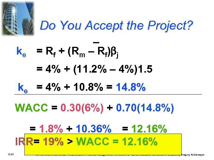 Do You Accept the Project? ke = Rf + (Rm – Rf) j =